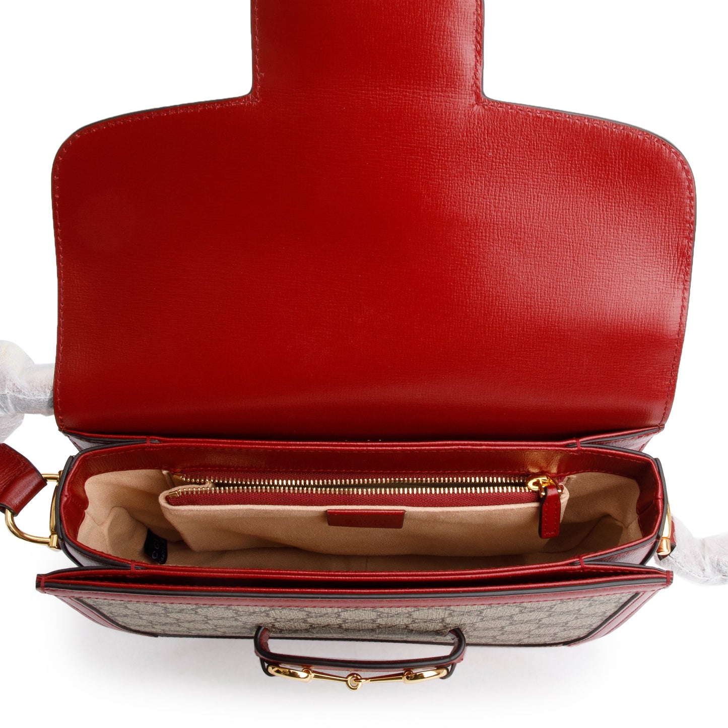 Gucci GG Supreme Canvas Red Leather Trim Horsebit 1955 Small Shoulder Bag
