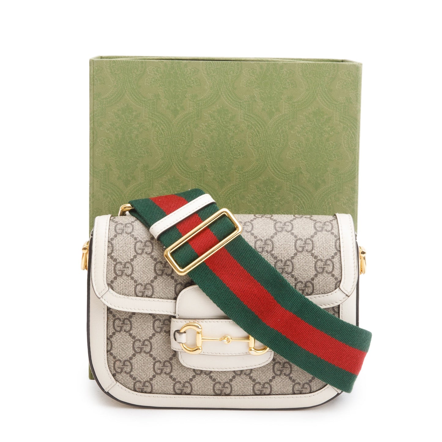 Gucci GG Supreme Canvas White Leather Trim Web Mini Horsebit 1955 Shoulder Bag