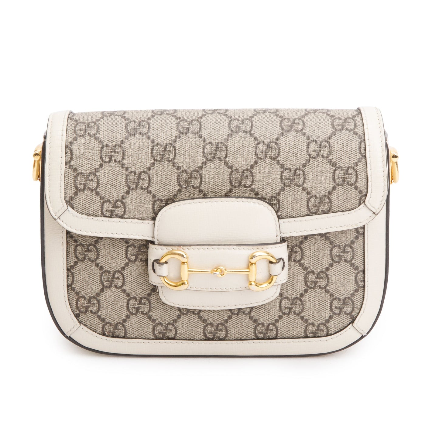 Gucci GG Supreme Canvas White Leather Trim Web Mini Horsebit 1955 Shoulder Bag