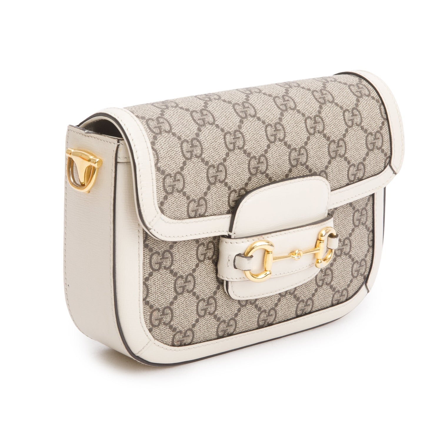 Gucci GG Supreme Canvas White Leather Trim Web Mini Horsebit 1955 Shoulder Bag
