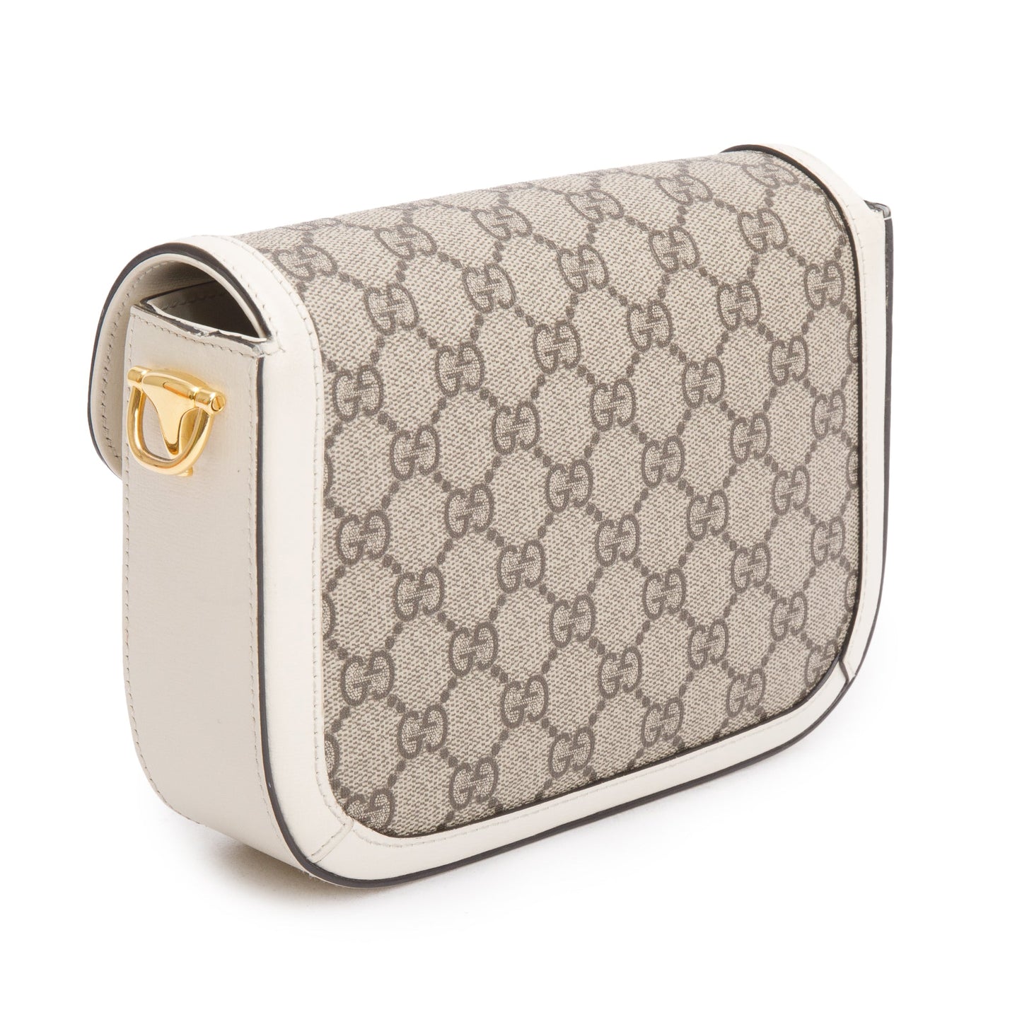 Gucci GG Supreme Canvas White Leather Trim Web Mini Horsebit 1955 Shoulder Bag