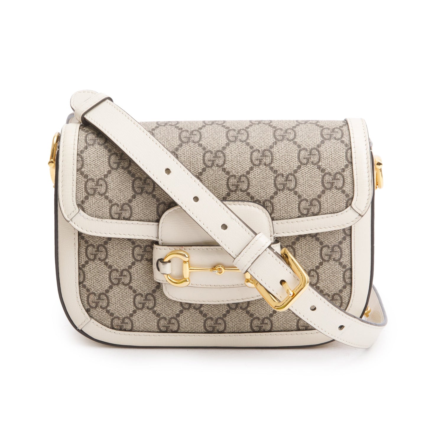 Gucci GG Supreme Canvas White Leather Trim Web Mini Horsebit 1955 Shoulder Bag