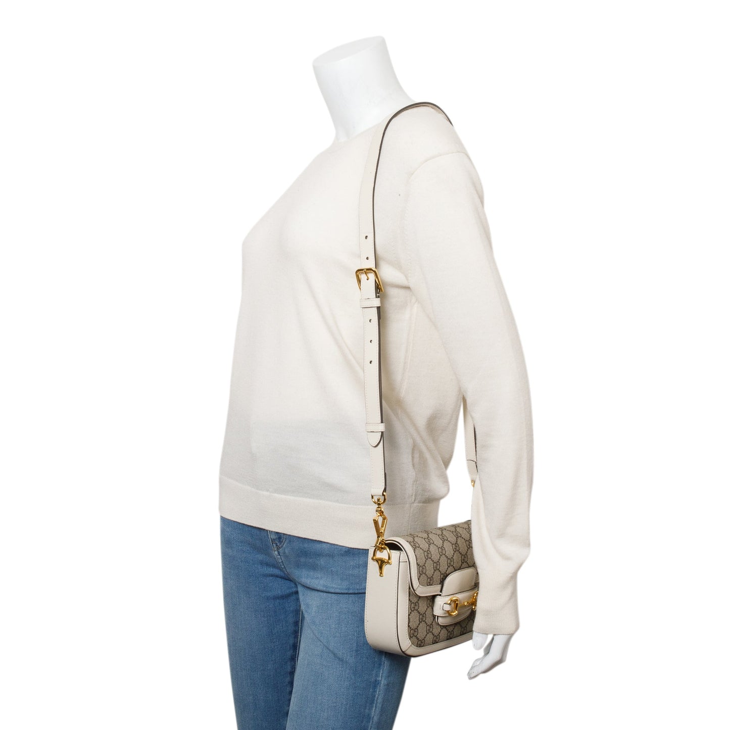 Gucci GG Supreme Canvas White Leather Trim Web Mini Horsebit 1955 Shoulder Bag