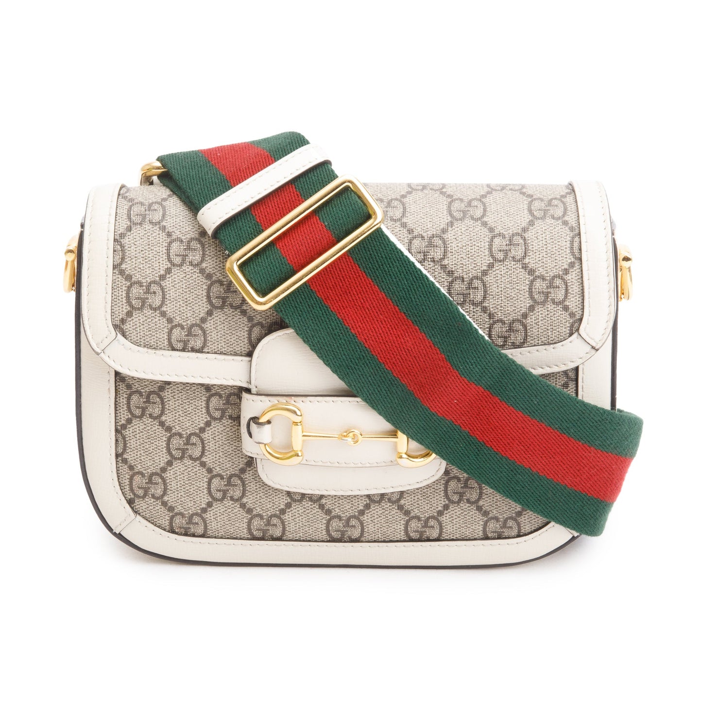 Gucci GG Supreme Canvas White Leather Trim Web Mini Horsebit 1955 Shoulder Bag