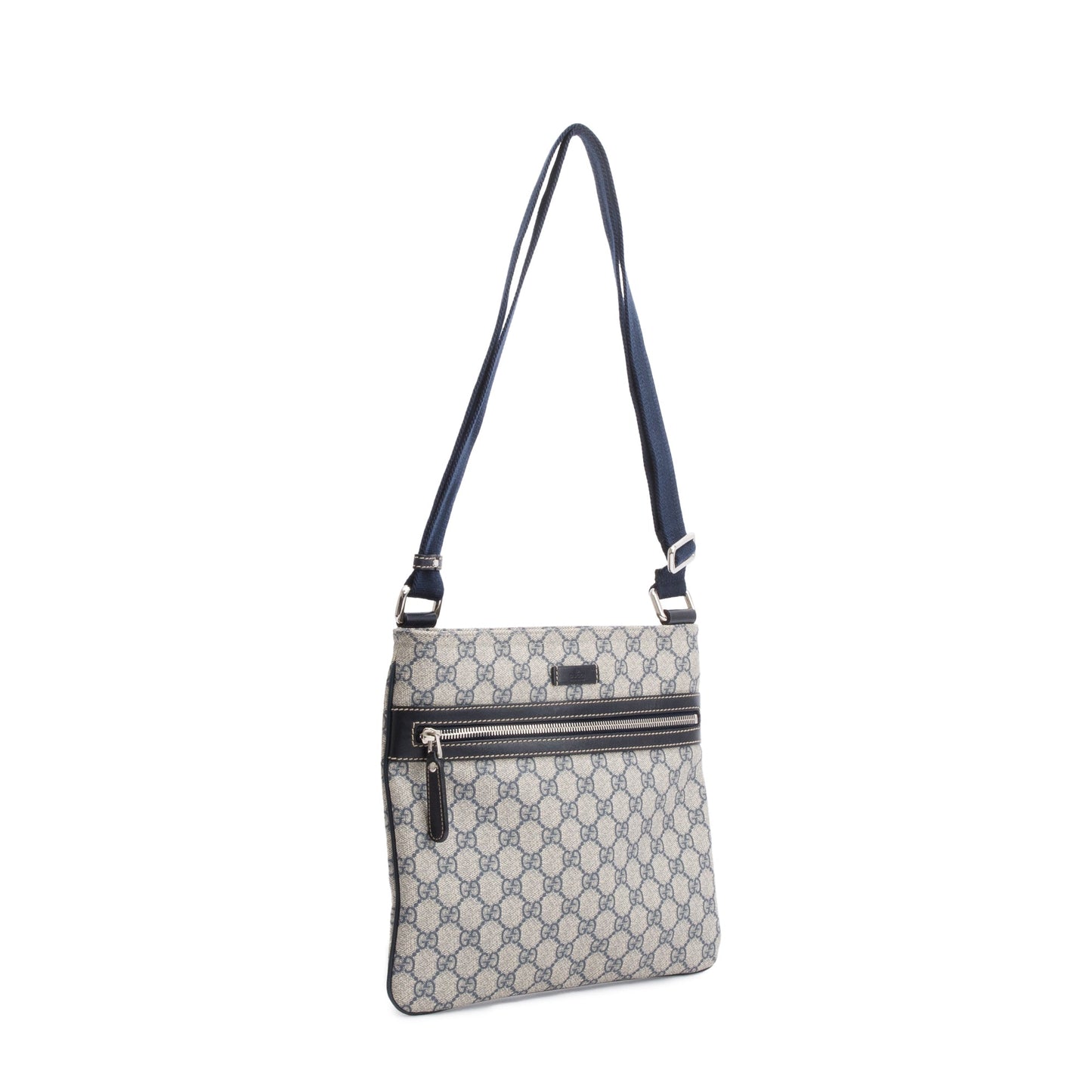 Gucci GG Supreme Navy Trim Front Zip Flat Messenger Bag