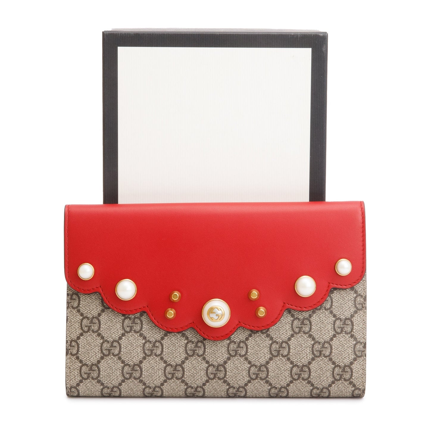 Gucci GG Supreme Red Leather Pearl Studs Peony Clutch