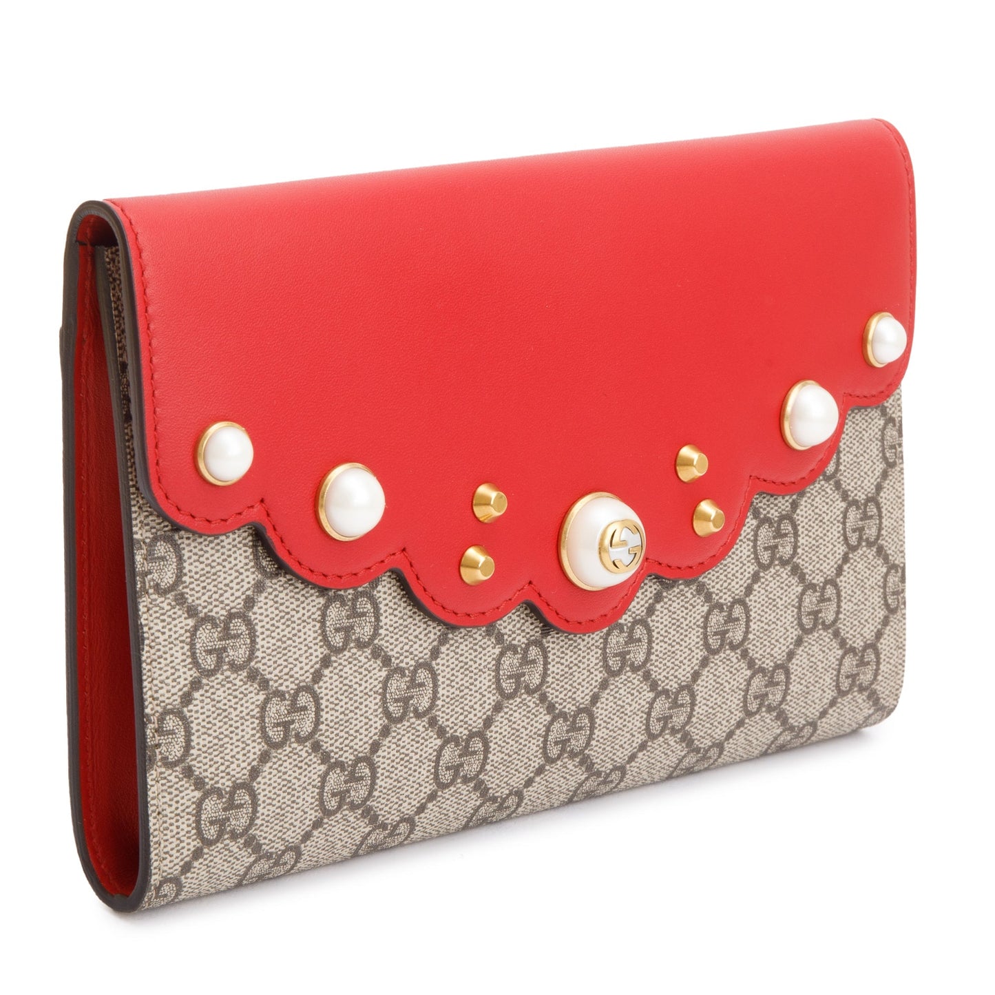 Gucci GG Supreme Red Leather Pearl Studs Peony Clutch