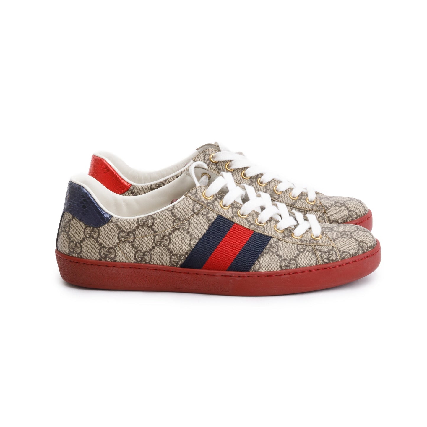 Gucci GG Supreme Red Python Trim Web Ace Sneakers, Size 8.5