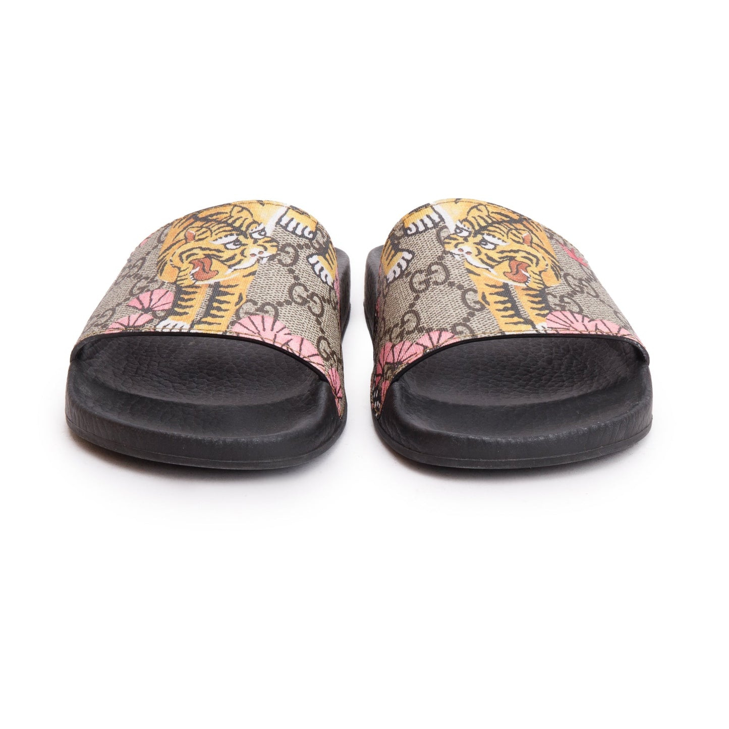 Gucci GG Supreme Tiger Canvas Black Rubber Slide Sandals, Size 35