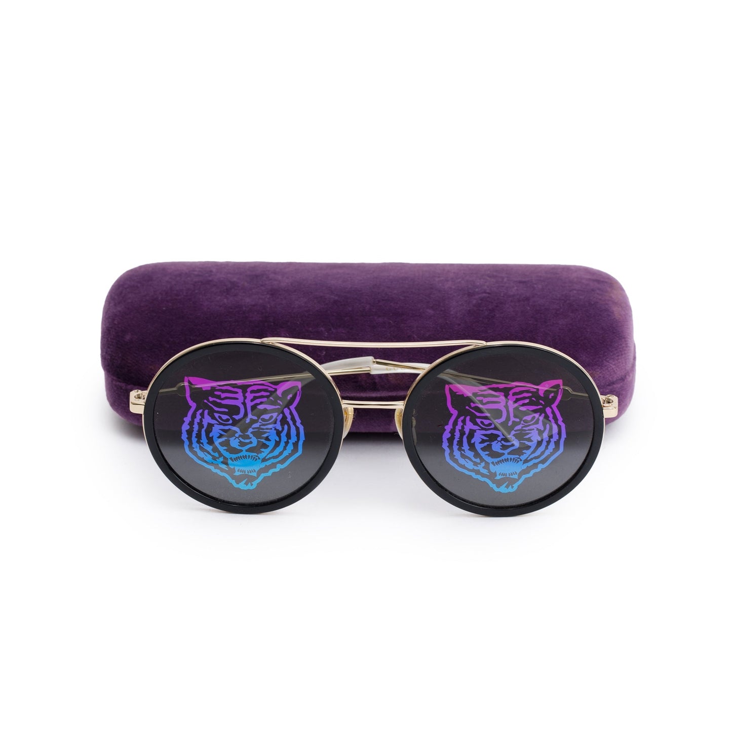 Gucci GG0061S Black Acetate Interlocking G Tiger Print Round Sunglasses