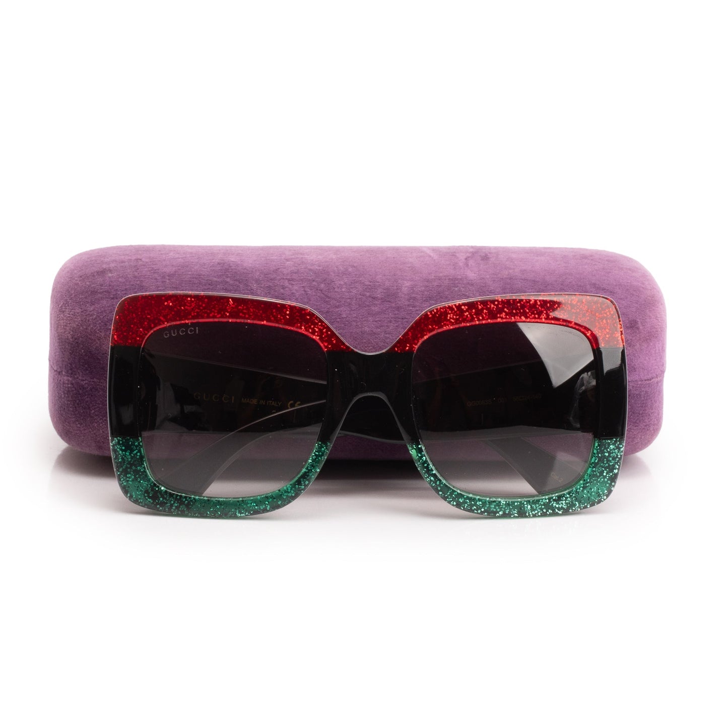 Gucci GG0083S Red/Green Glitter Black Acetate CC Logo Oversized Square Sunglasses
