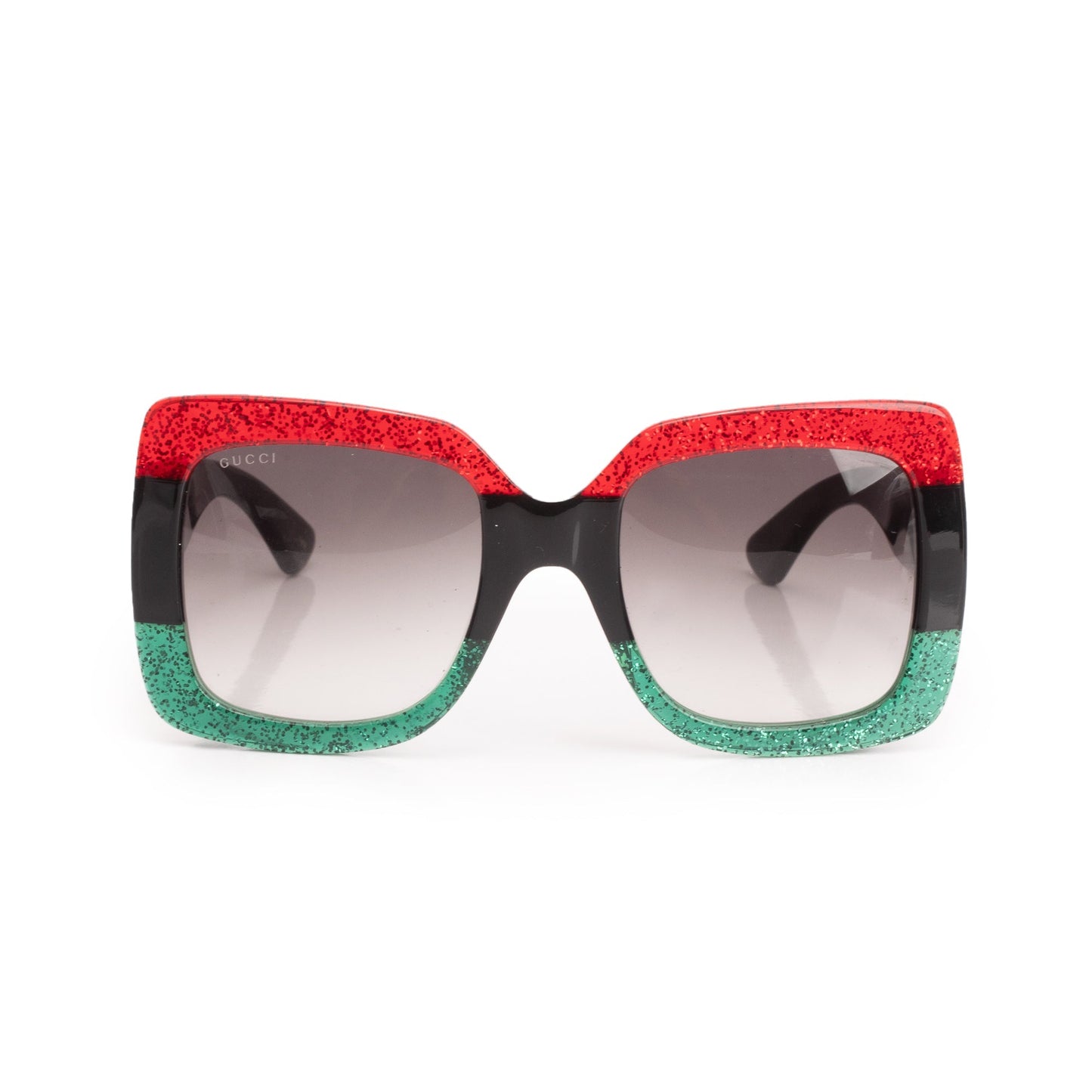 Gucci GG0083S Red/Green Glitter Black Acetate CC Logo Oversized Square Sunglasses