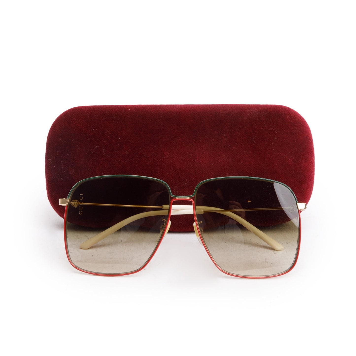 Gucci GG0394S Gold Tone Web White Acetate Oversize Square Sunglasses