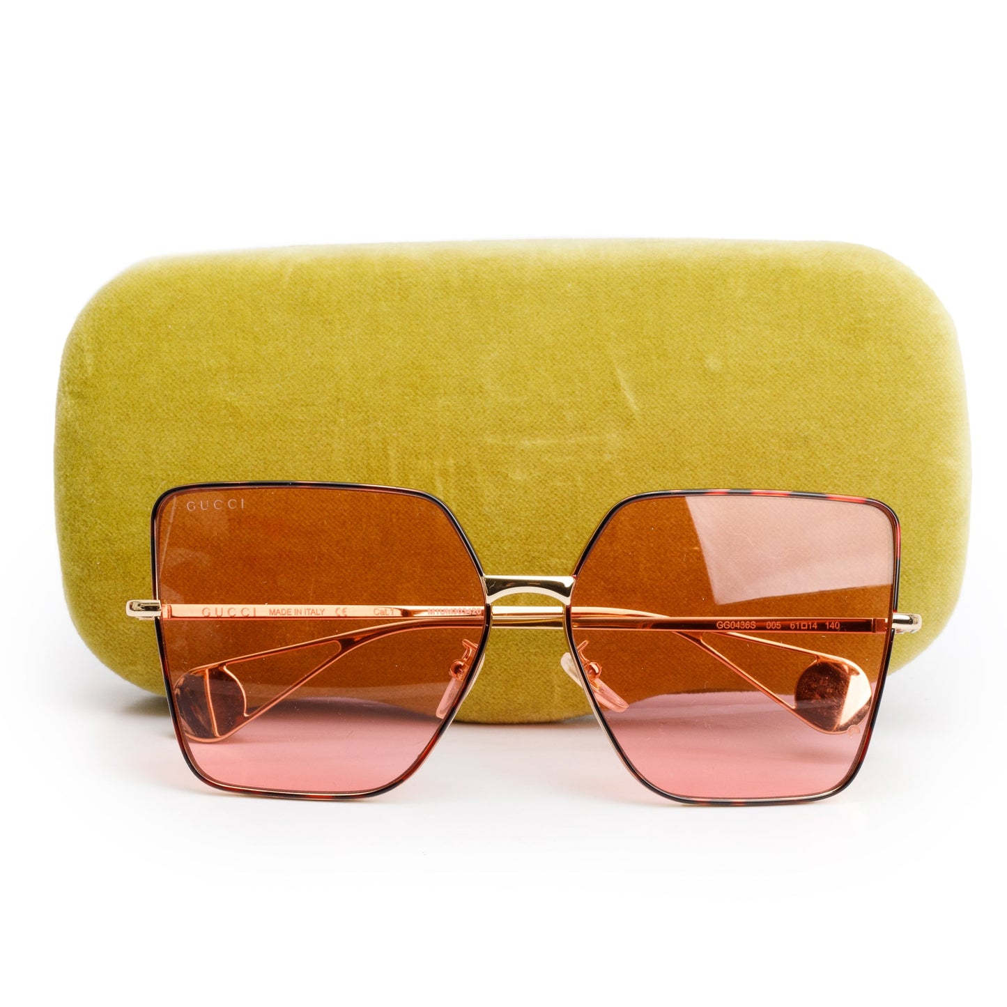 Gucci GG0436S Gold-Tone Metal Square Frame Pink Lenses Sunglasses