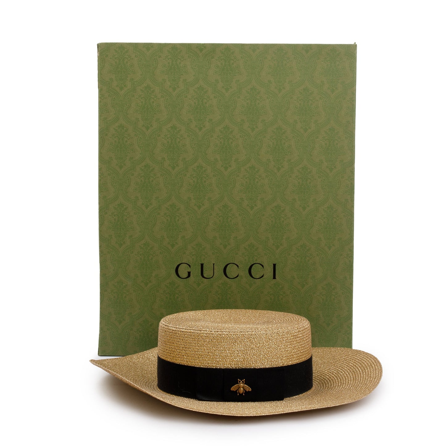 Gucci Gold & Black Lame Woven Paper Hat with Black Grosgrain Ribbon, Size M 57