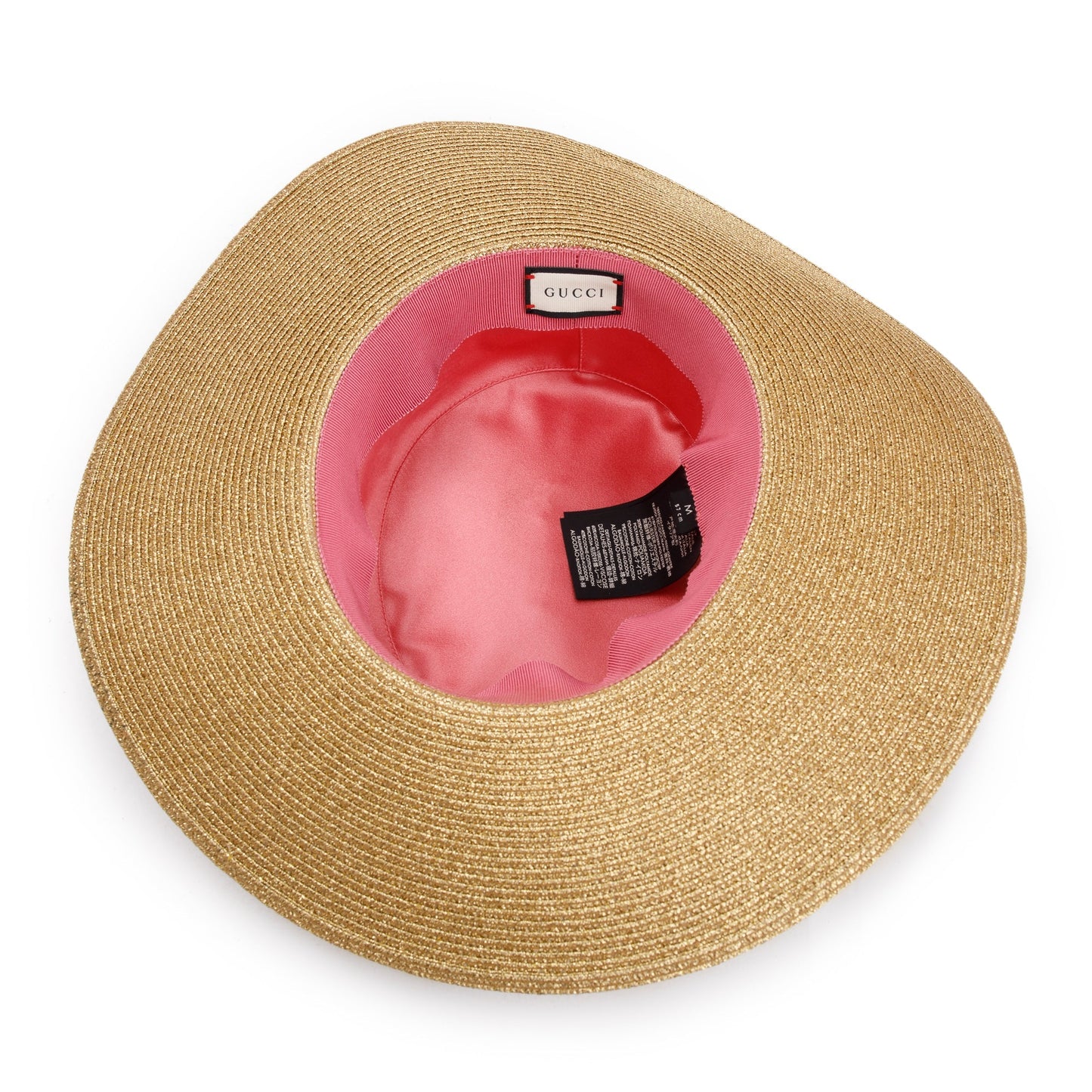 Gucci Gold & Black Lame Woven Paper Hat with Black Grosgrain Ribbon, Size M 57