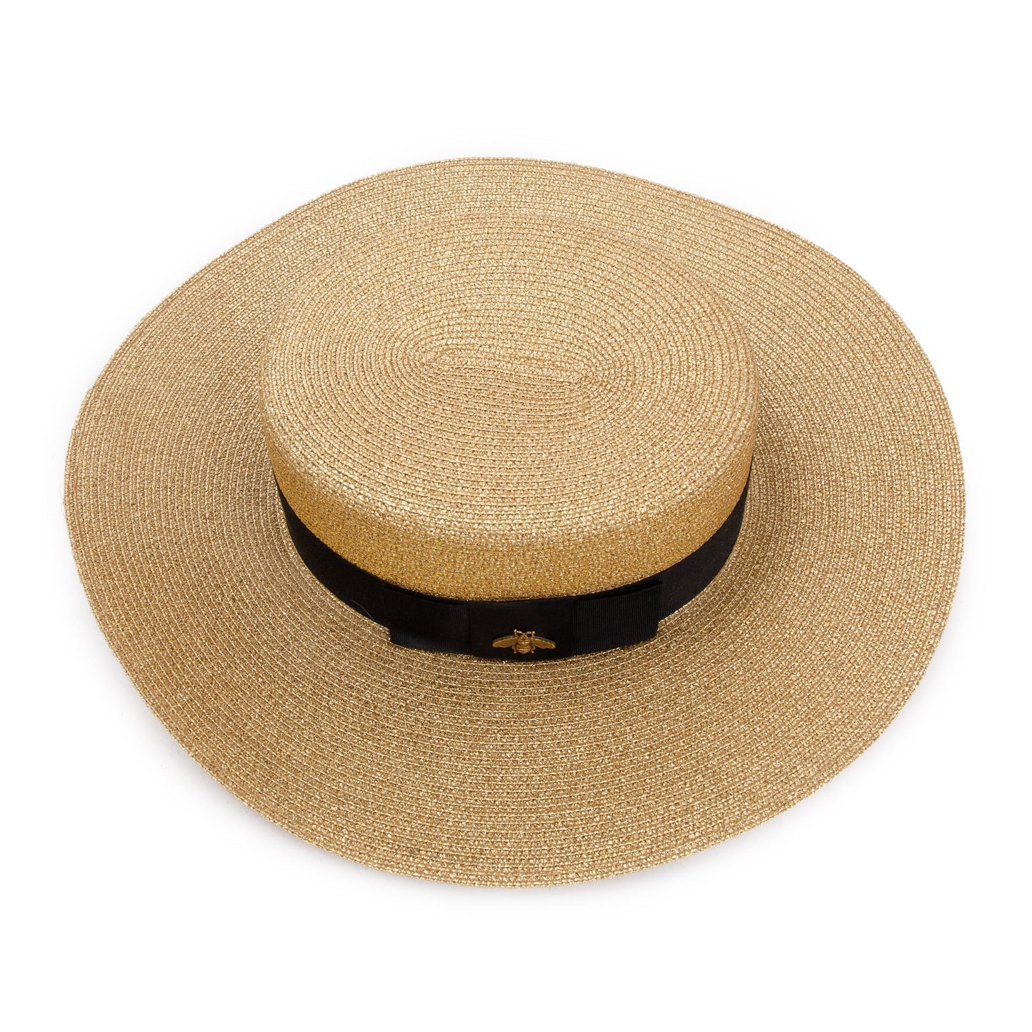 Gucci Gold & Black Lame Woven Paper Hat with Black Grosgrain Ribbon, Size M 57