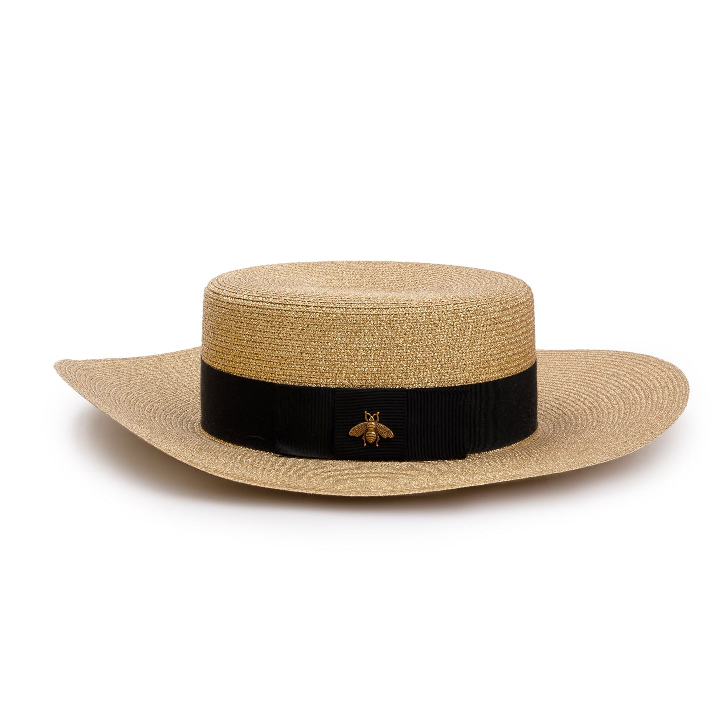 Gucci Gold & Black Lame Woven Paper Hat with Black Grosgrain Ribbon, Size M 57