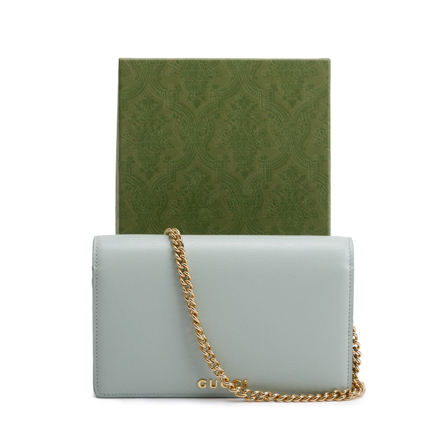 Gucci Green Calfskin Leather Chain Wallet with Gucci Script