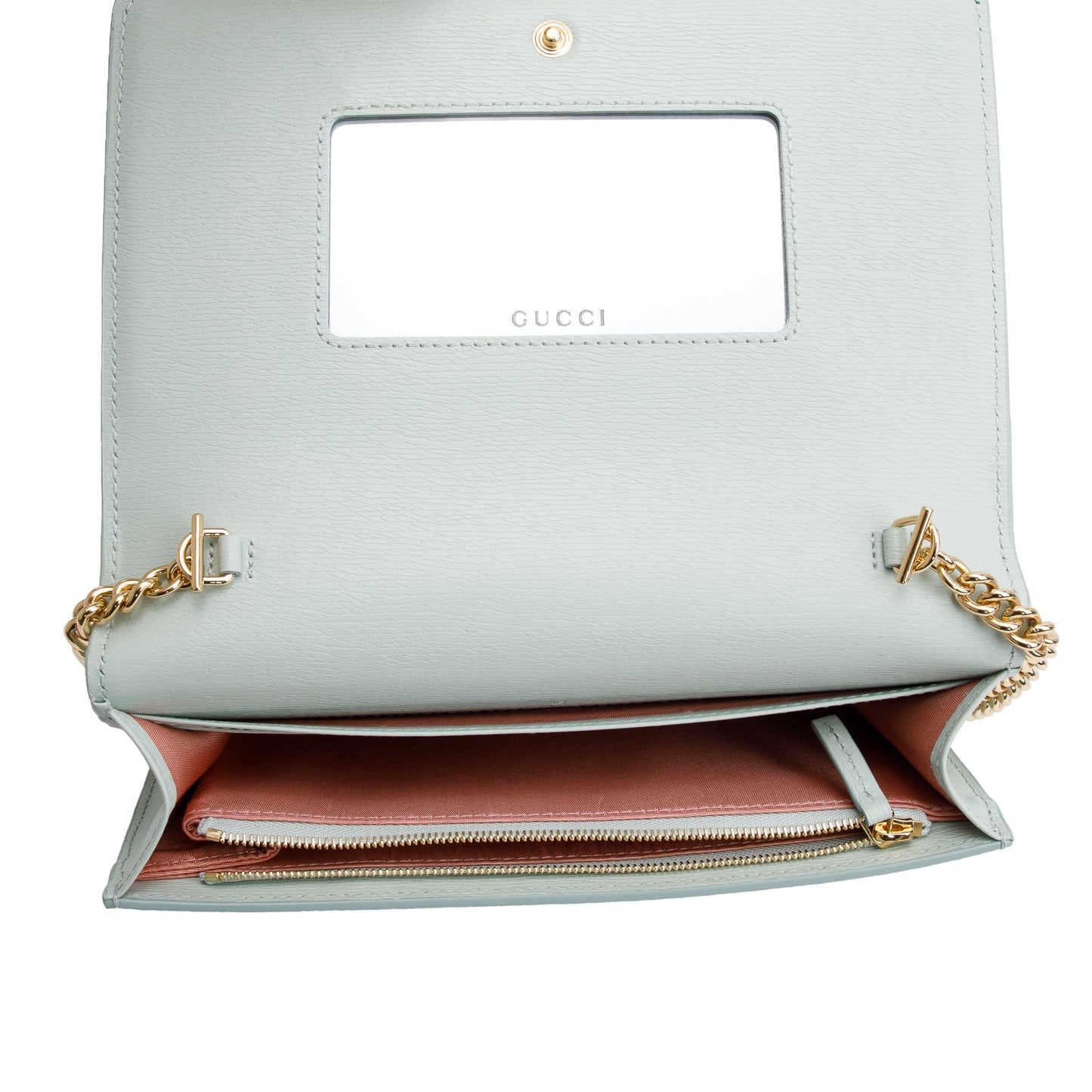 Gucci Green Calfskin Leather Chain Wallet with Gucci Script