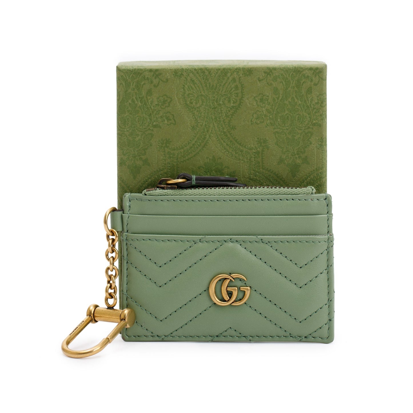 Gucci Green Calfskin Leather GG Marmont Keychain Wallet