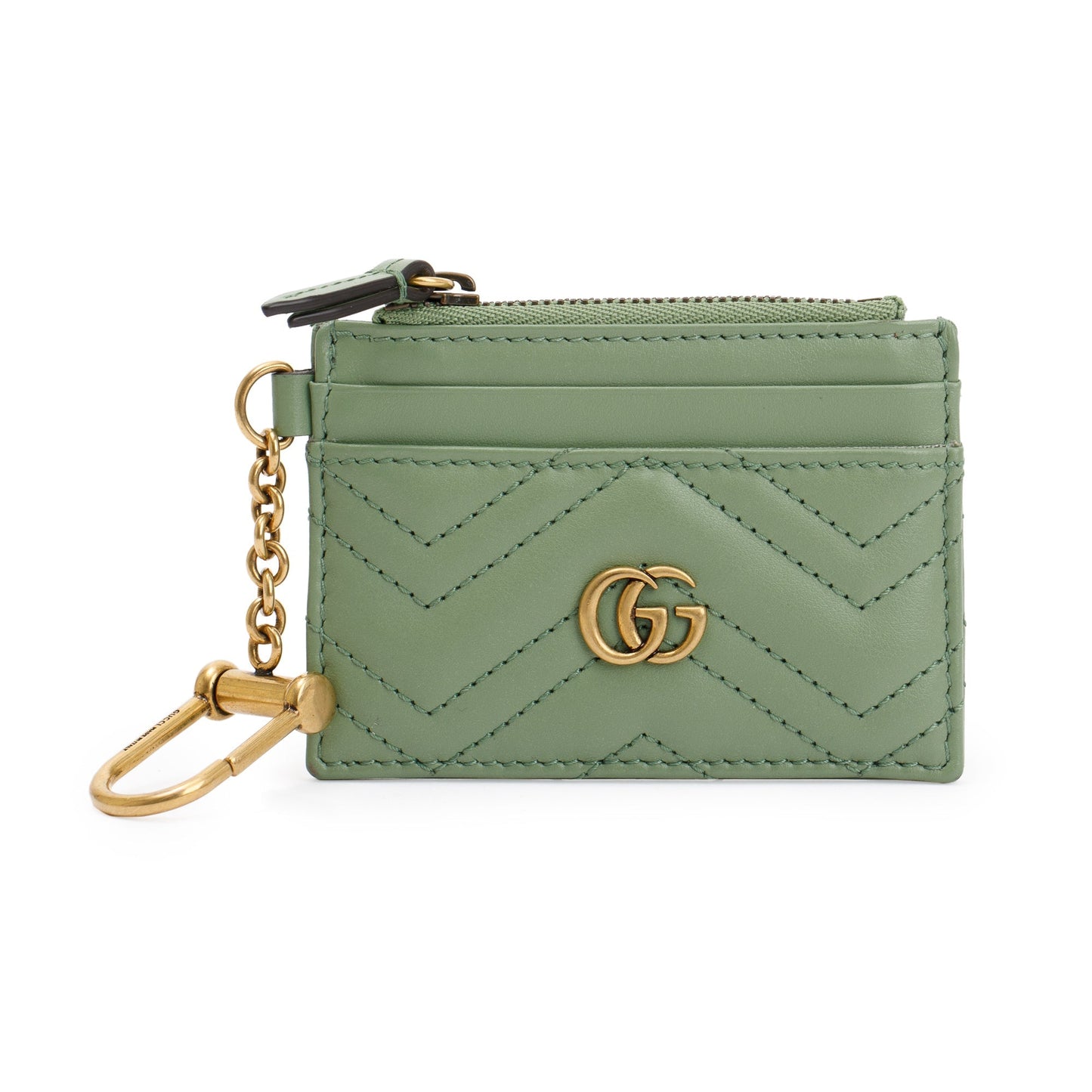 Gucci Green Calfskin Leather GG Marmont Keychain Wallet