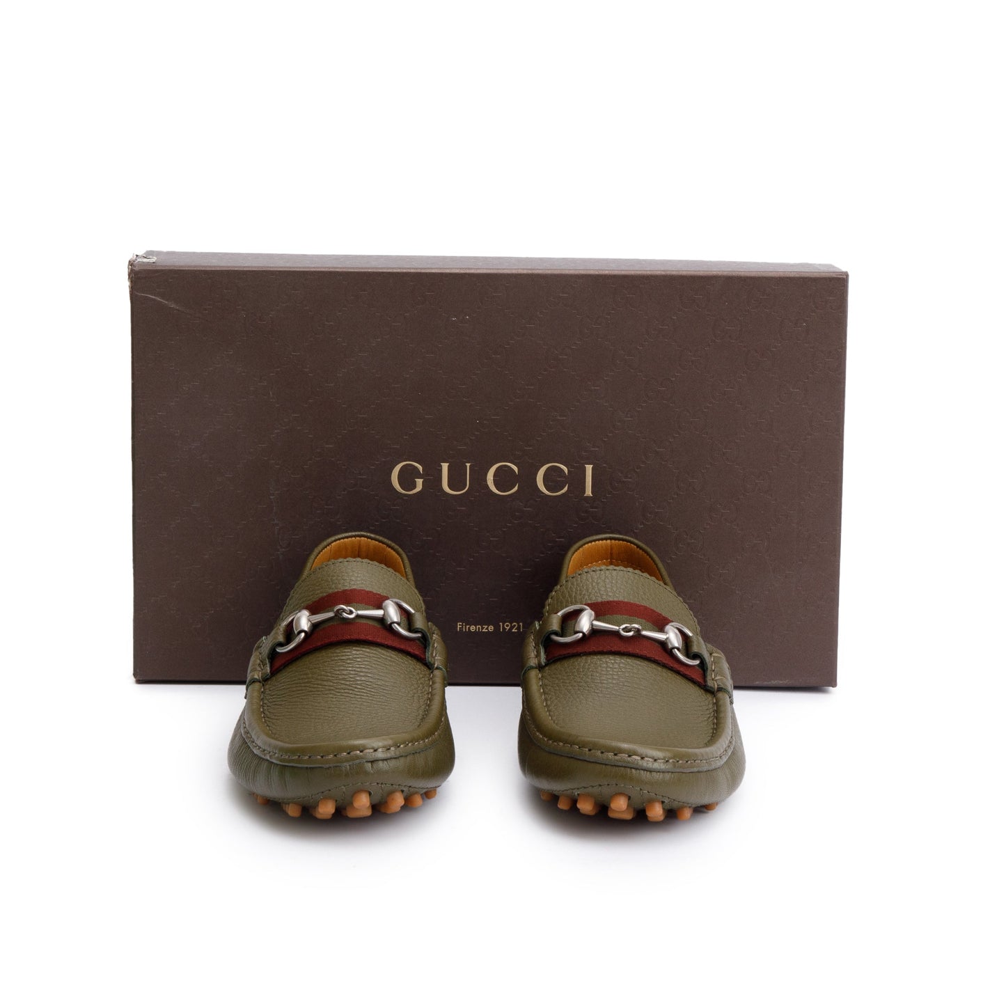Gucci Green Leather Web Horsebit Accent Loafers, Size 6.5