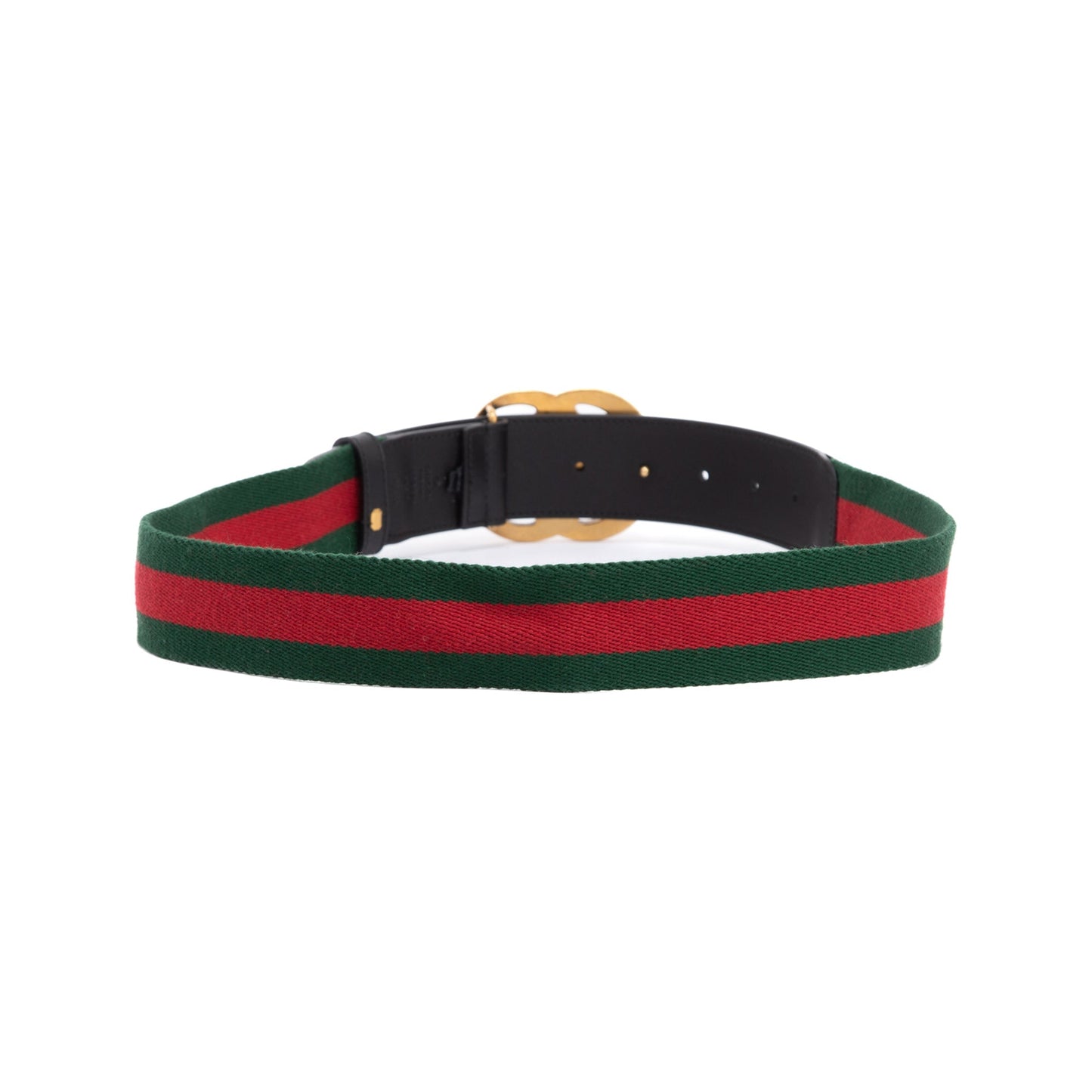 Gucci Green & Red Web Canvas & Black Leather Belt with Double G Buckle