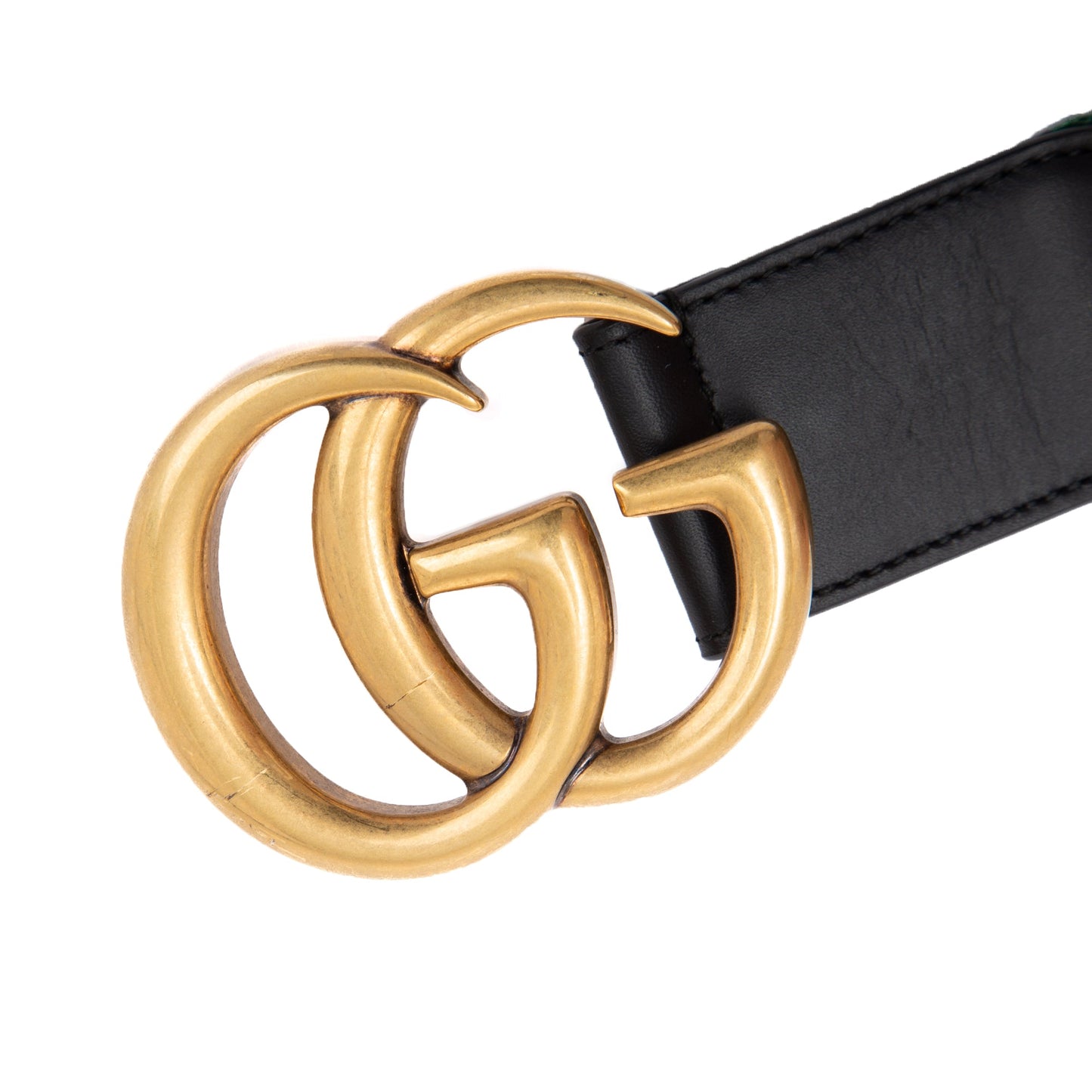 Gucci Green & Red Web Canvas & Black Leather Belt with Double G Buckle