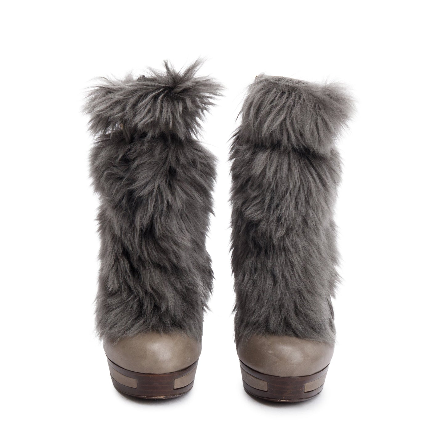 Gucci Grey Leather Alpaca Fur Alyona Platform Ankle Boots, Size 35.5