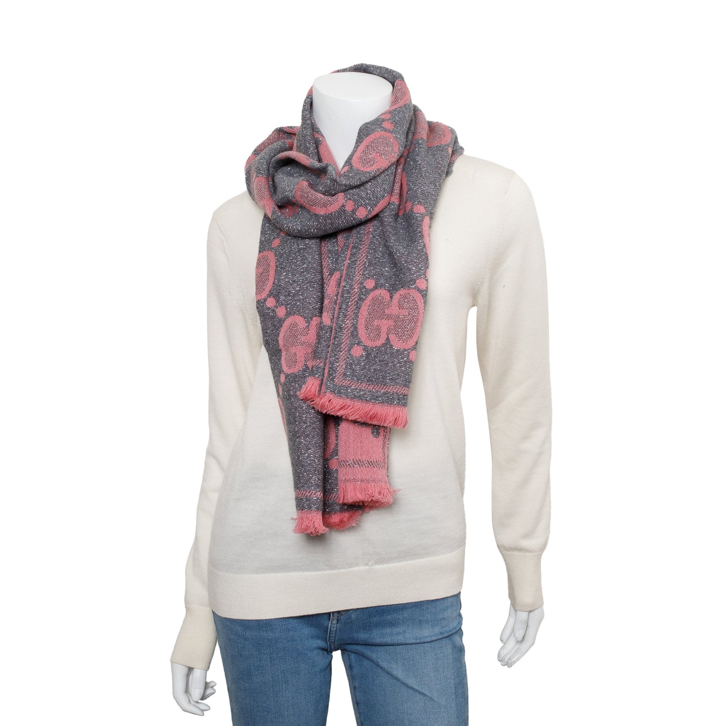 Gucci Grey/ Pink Wool GG Scarf