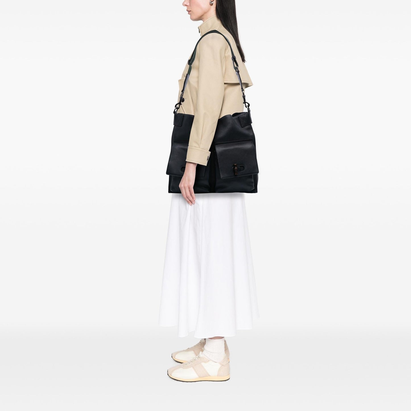 Gucci Large Leather Bamboo Double Pocket Messenger Bag