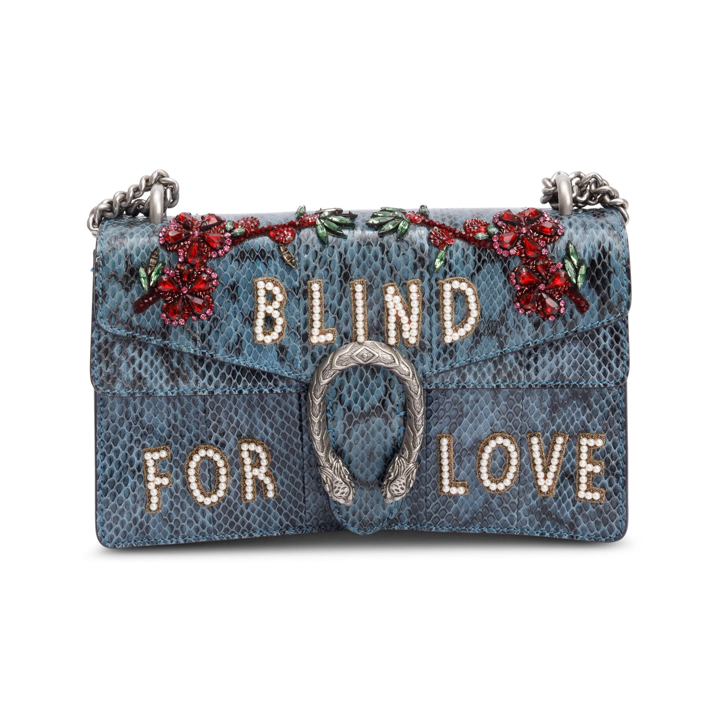 Gucci Marine Blue Python Faux Pearl and Crystal Embellished 'Blind For Love' Small Dionysus Shoulder Bag