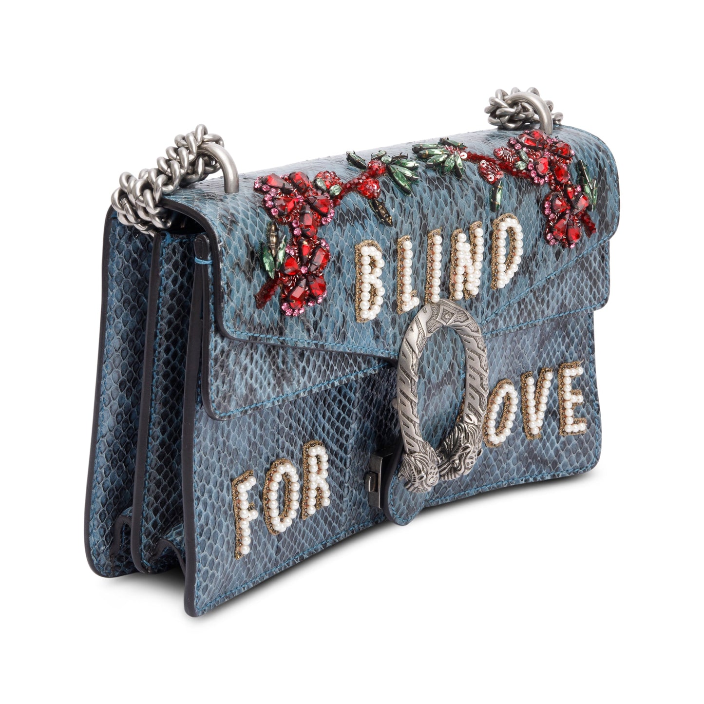 Gucci Marine Blue Python Faux Pearl and Crystal Embellished 'Blind For Love' Small Dionysus Shoulder Bag
