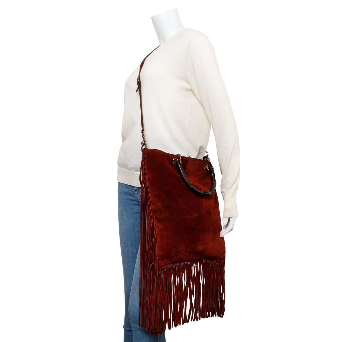 Gucci Maroon Suede Bamboo Fringe Shopper Tote