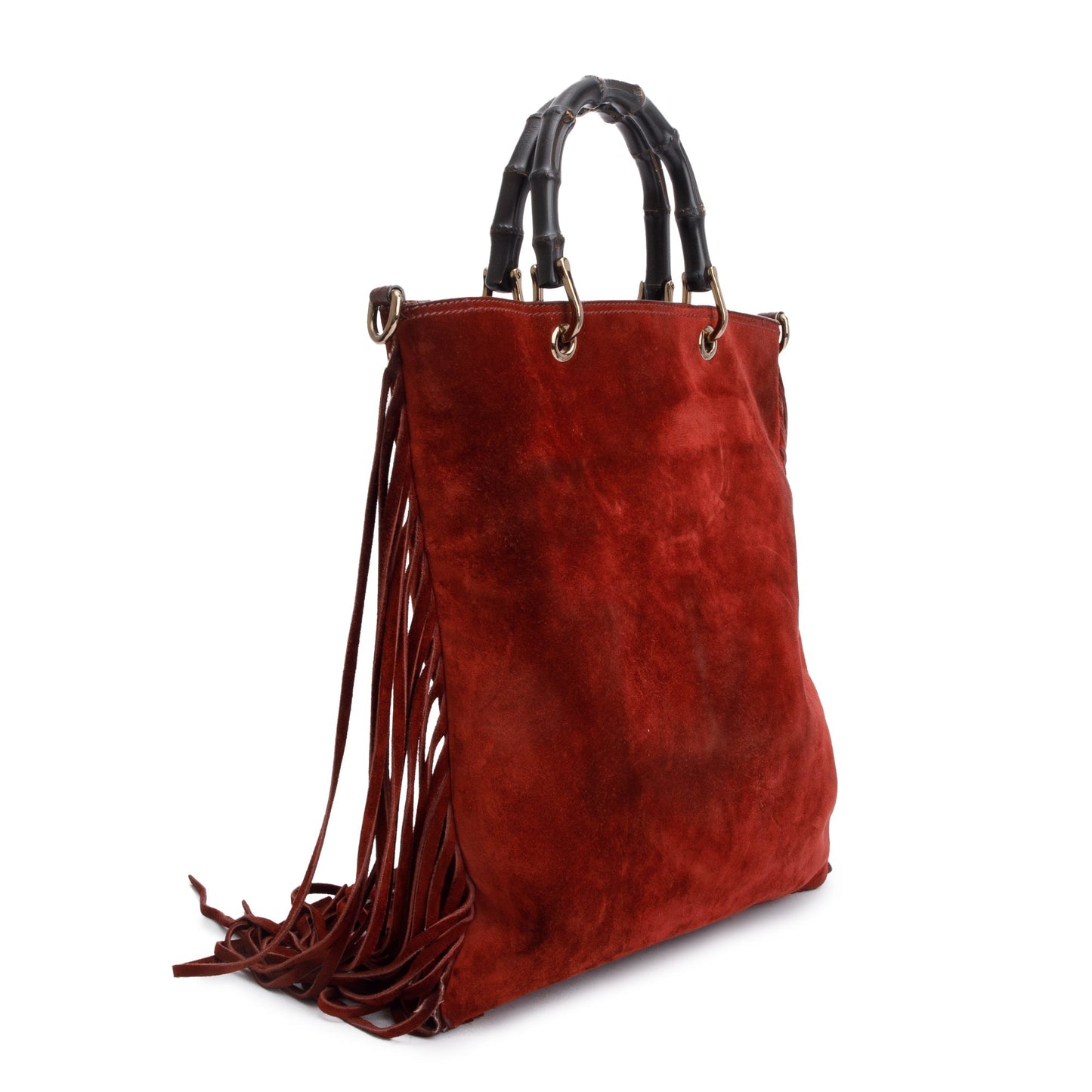 Gucci Maroon Suede Bamboo Fringe Shopper Tote