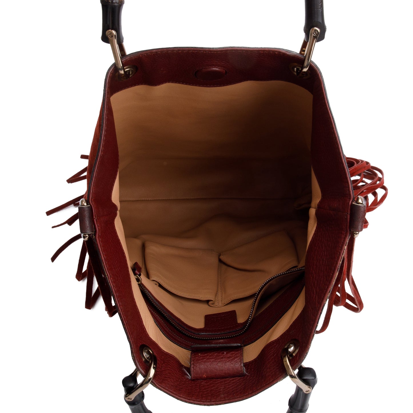 Gucci Maroon Suede Bamboo Fringe Shopper Tote