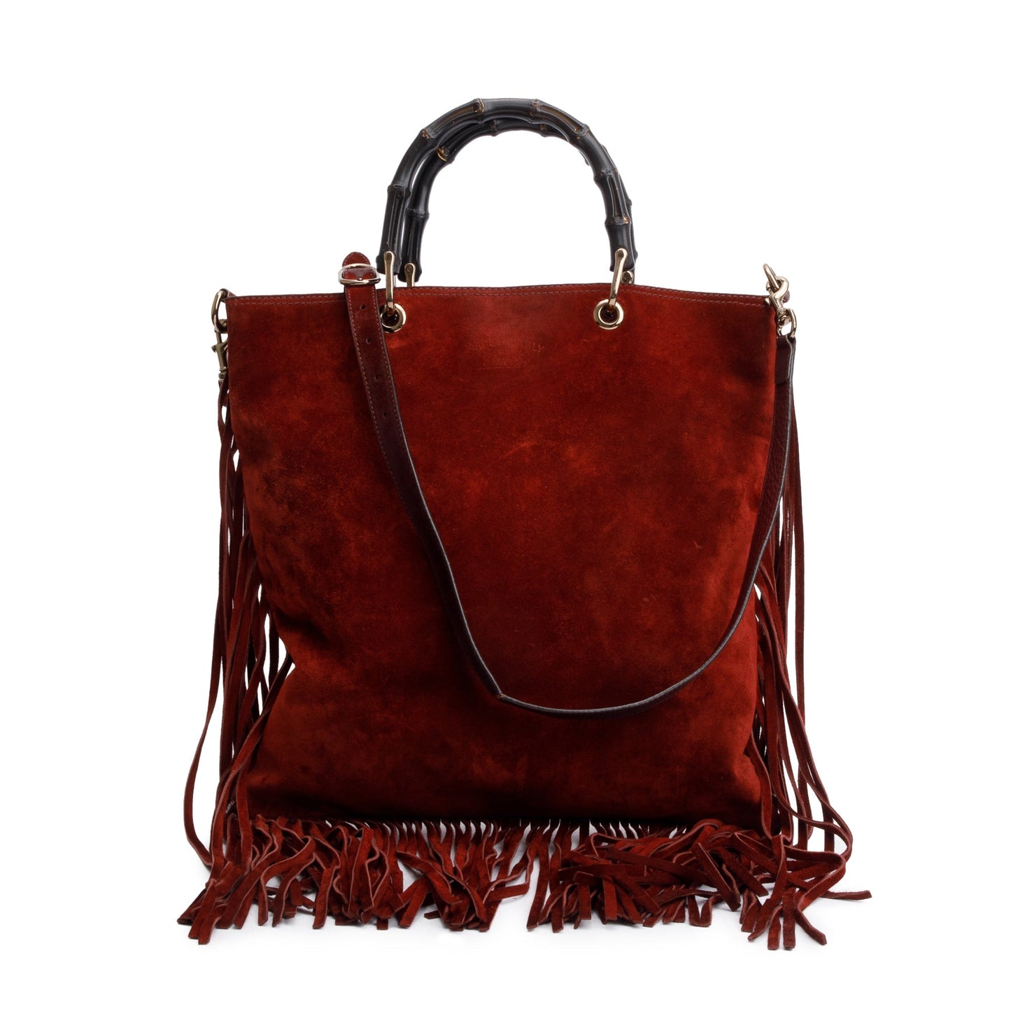 Gucci Maroon Suede Bamboo Fringe Shopper Tote