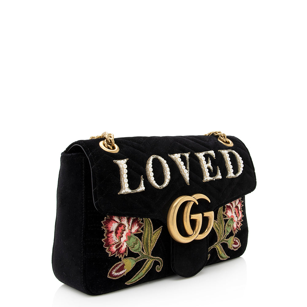 Gucci Matelasse Velvet Embroidered Loved Floral GG Marmont Medium Shoulder Bag (SHF-19350)