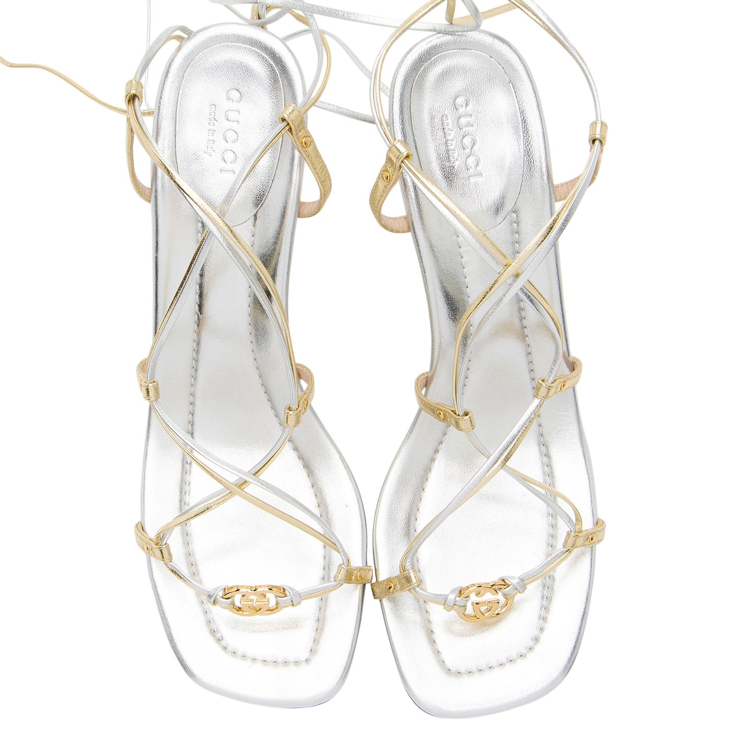 Gucci Metallic Leather Interlocking G Strappy 80 Sandals - Size 10 / 40