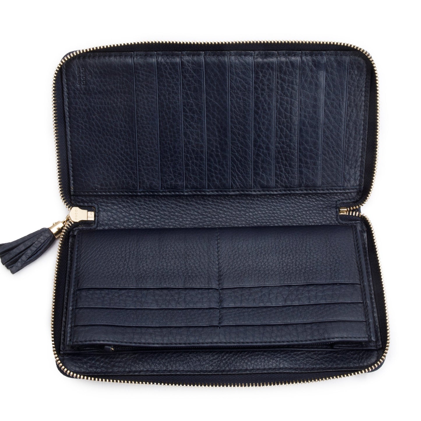 Gucci Navy Leather Soho GG Logo Continental Zip Around Wallet