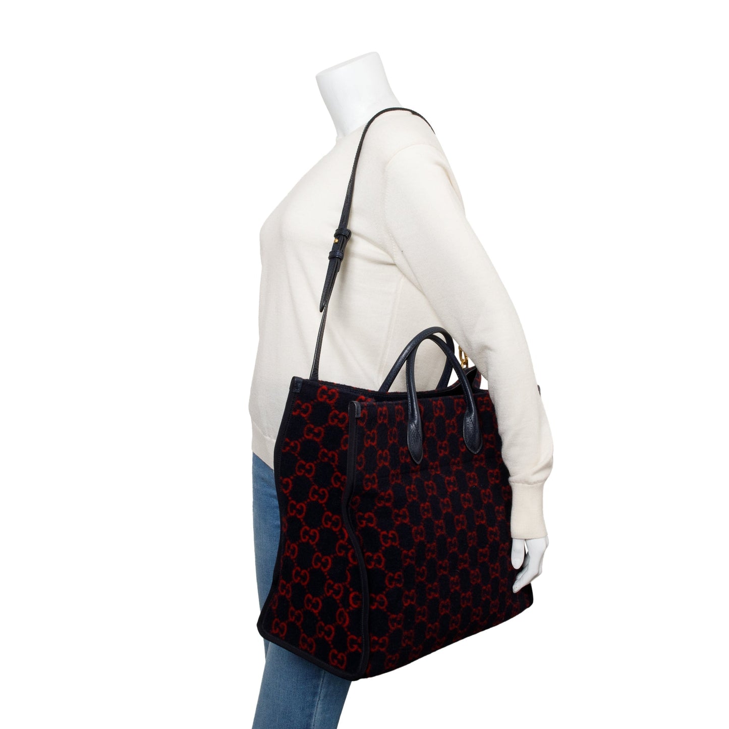 Gucci Navy/Red GG Wool Shopper Tote