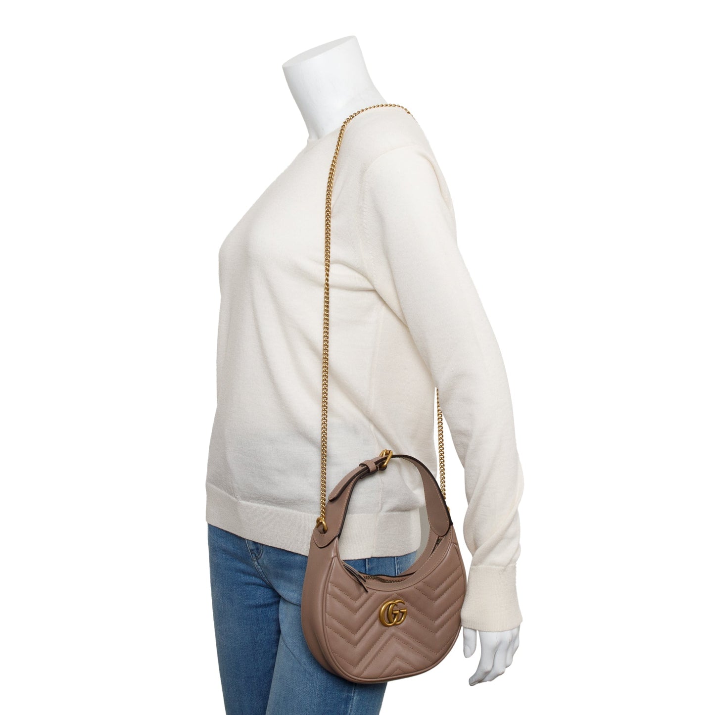 Gucci Neutral GG Marmont Half-Moon Shaped Mini Bag