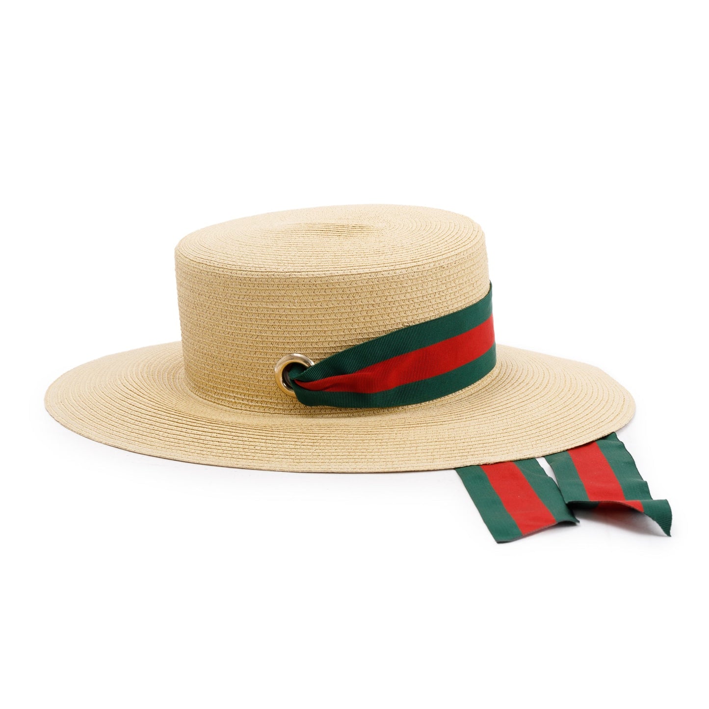 Gucci Neutral Lame Woven Paper Hat with Green & Red Web Grosgrain Ribbon, Size M 57