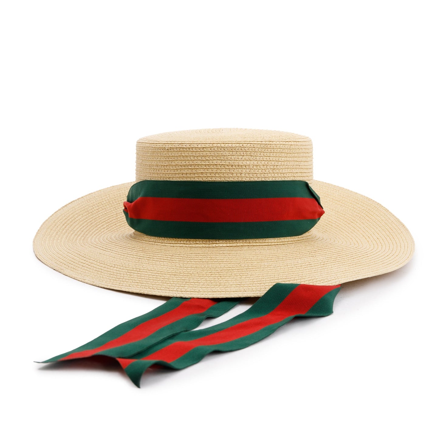 Gucci Neutral Lame Woven Paper Hat with Green & Red Web Grosgrain Ribbon, Size M 57