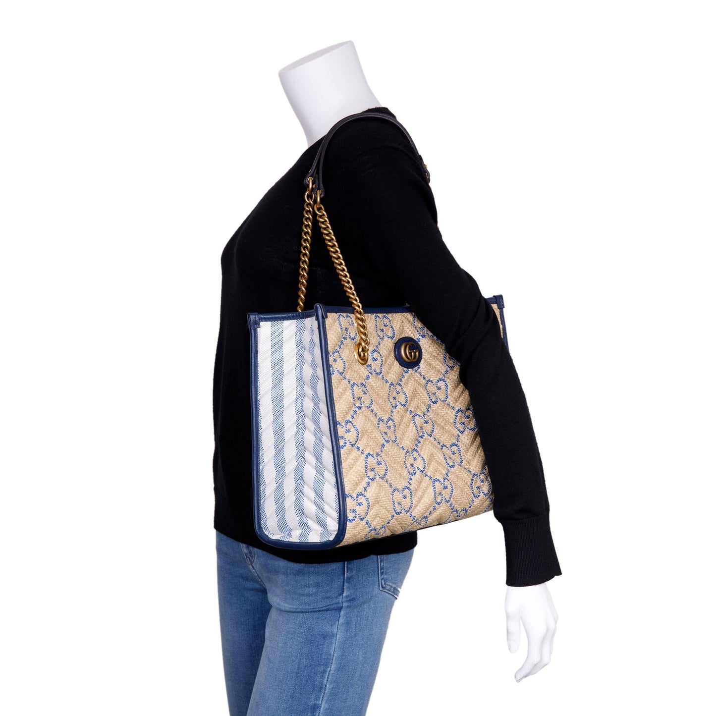 Gucci Neutral Raffia GG Marmont Tote