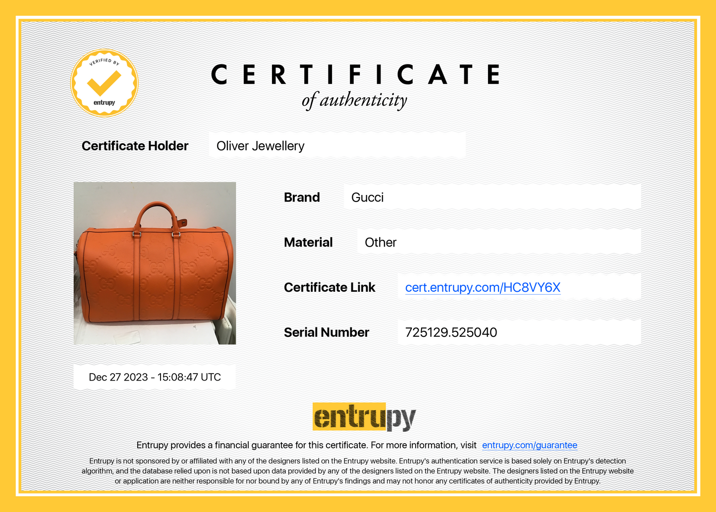 Gucci Orange Jumbo GG Leather Large Duffle Bag