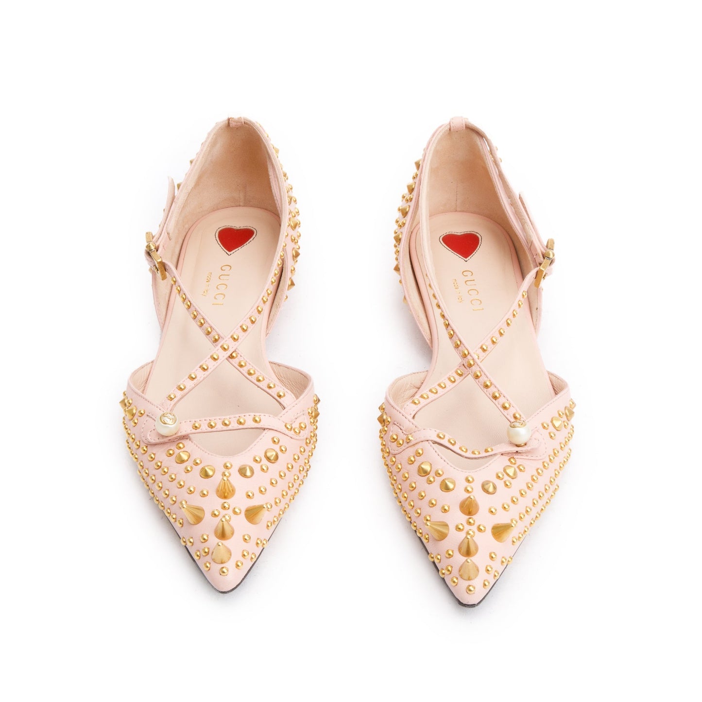 Gucci Pink Leather Faux Pearl Studded Accent Flats, Size 36