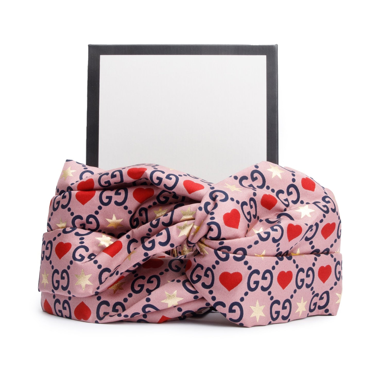Gucci Pink & Multicolor GG Heart Star Print Silk Headband Size M 57