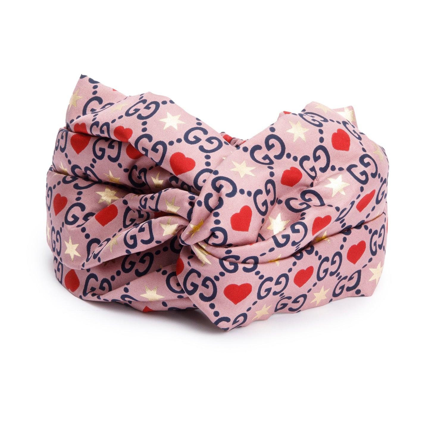 Gucci Pink & Multicolor GG Heart Star Print Silk Headband Size M 57